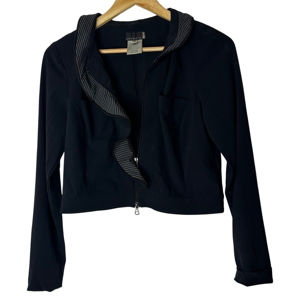 Entrata‎ Black Jacket Size 4 Zip Up Striped Trim Cropped Fitted Athleisure